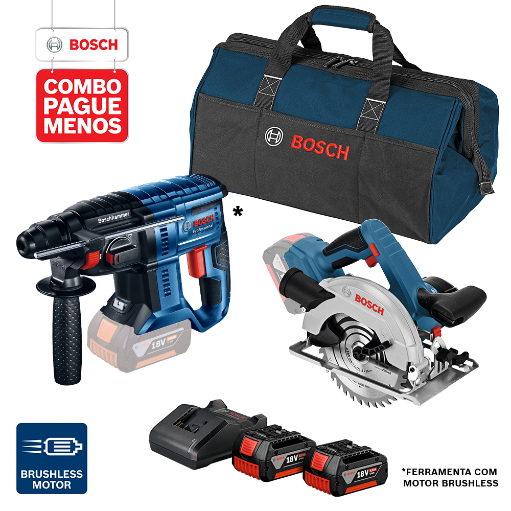 Serra Circular a Bateria Bosch GKS 18V-57 + Martelete Perfurador a Bateria GBH 180-LI SDS-Plus, com 2 baterias 18V 4,0Ah 1 carregador e 1 bolsa de transporte